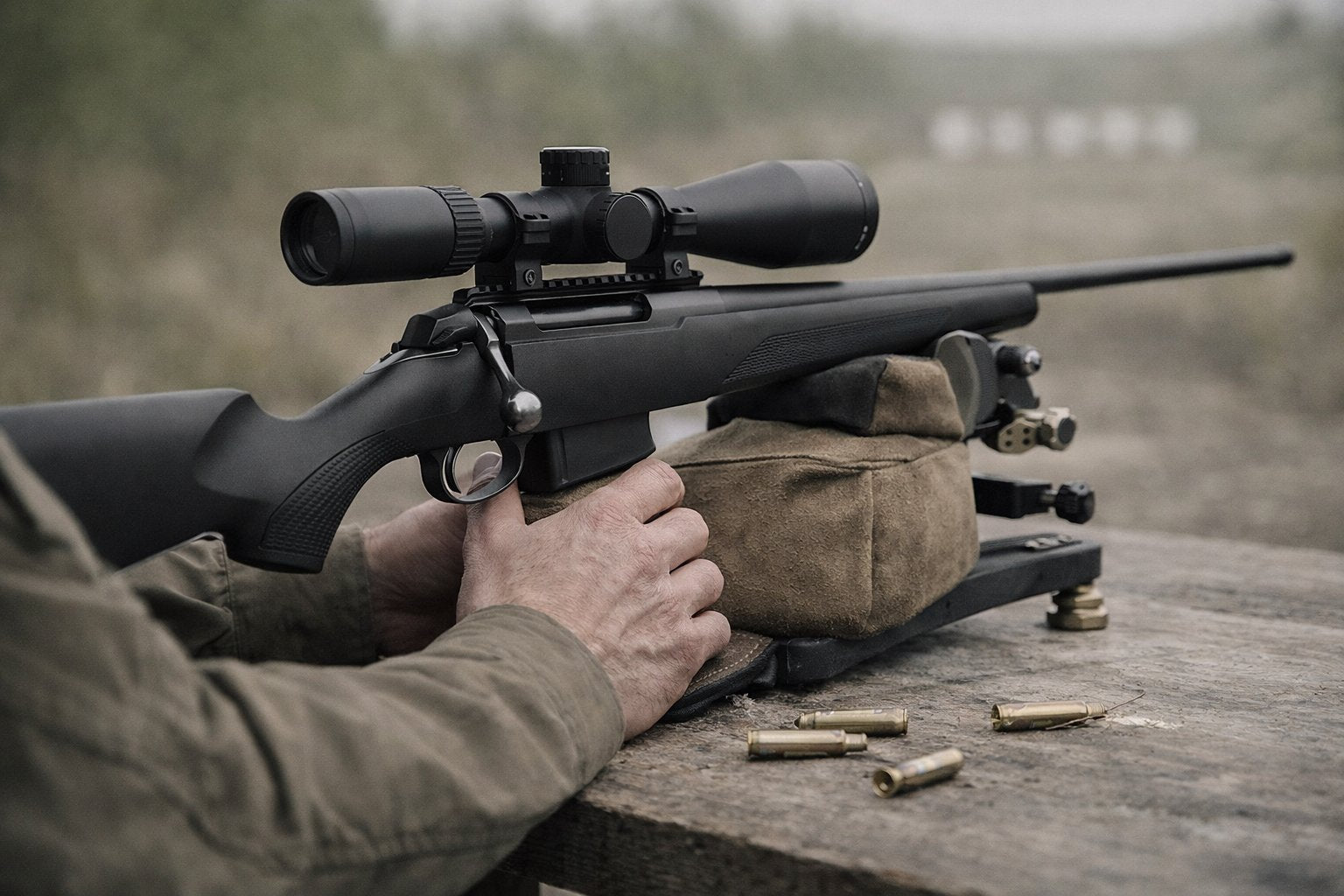 Bench-rest shooting setup at an outdoor rifle range with a scoped Tikka T3x on a front rest and rear bag