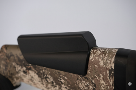 Negative comb angle cheek riser reducing felt recoil on Tikka rifle