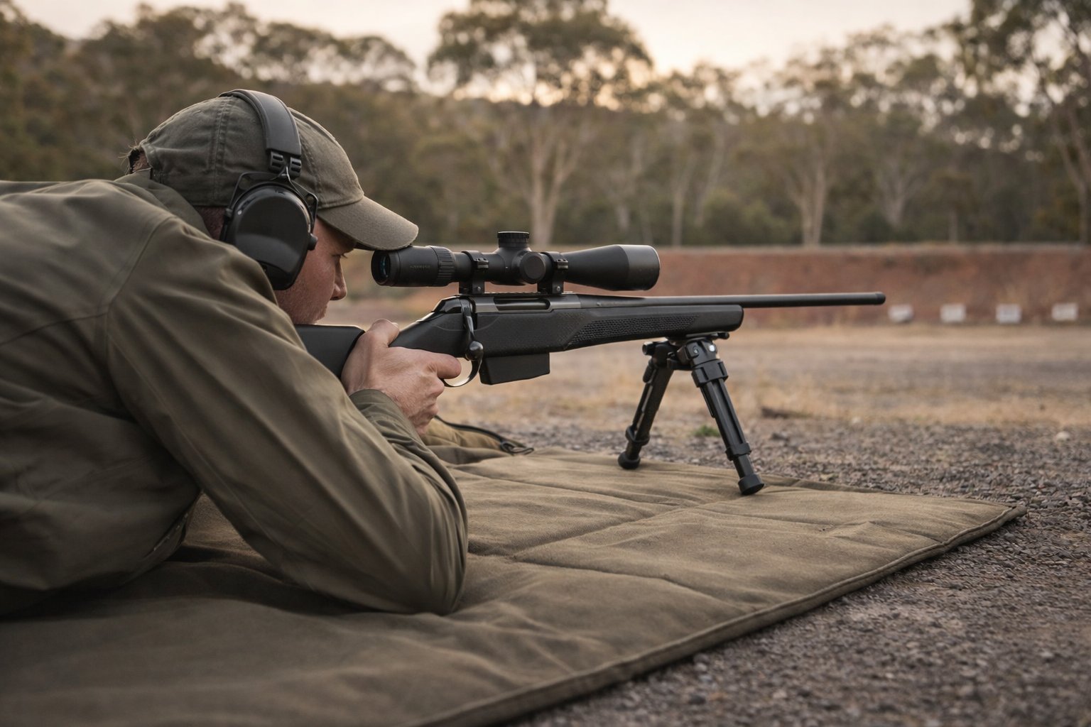 Shooter lying prone at an Australian outdoor rifle range at golden hour with a scoped Tikka T3x bolt-action rifle on a bipod