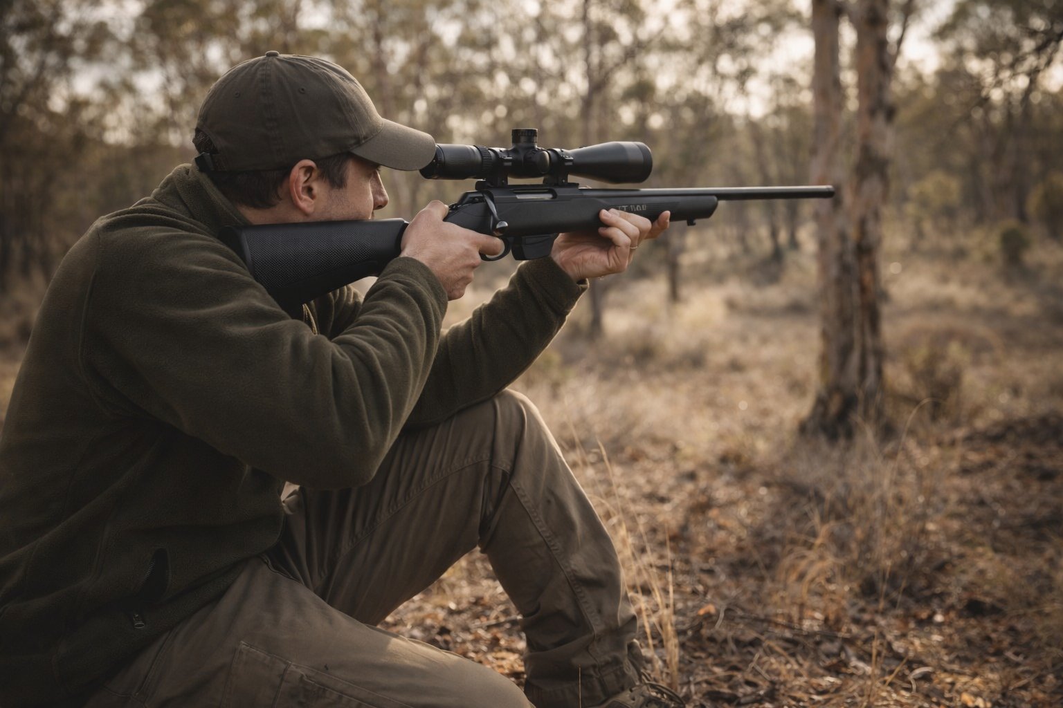 Australian hunter kneeling and shouldering a scoped Tikka T1x rimfire bolt-action rifle in open gum-tree bushland
