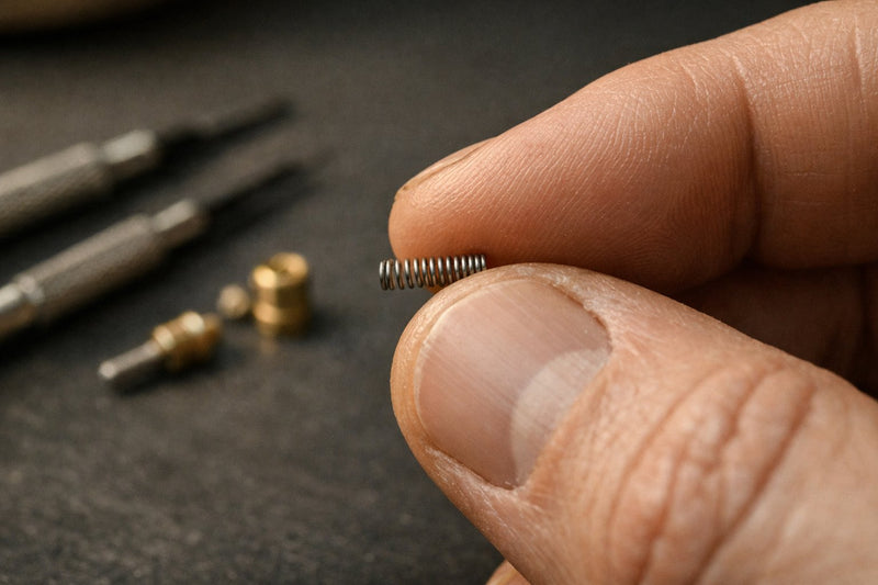 Extreme macro close-up of craftsman's hands holding a tiny coiled steel spring on a dark workbench