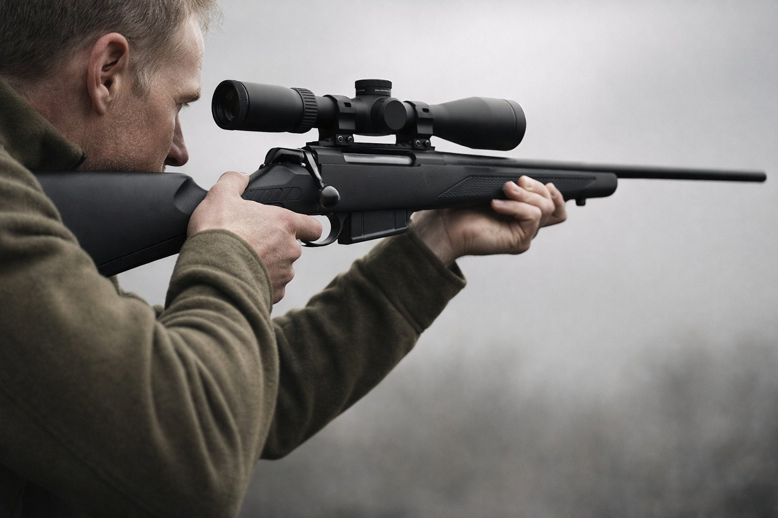 Shooter correctly shouldering a scoped Tikka T3x bolt-action rifle, showing proper length of pull
