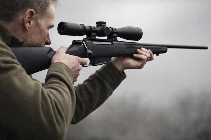 Shooter correctly shouldering a scoped Tikka T3x bolt-action rifle, showing proper length of pull