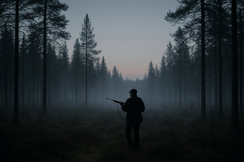Lone hunter silhouette at dawn in a misty Finnish pine forest