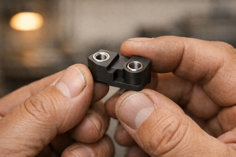 Craftsman's hands holding a purpose-built component in a warm-lit workshop