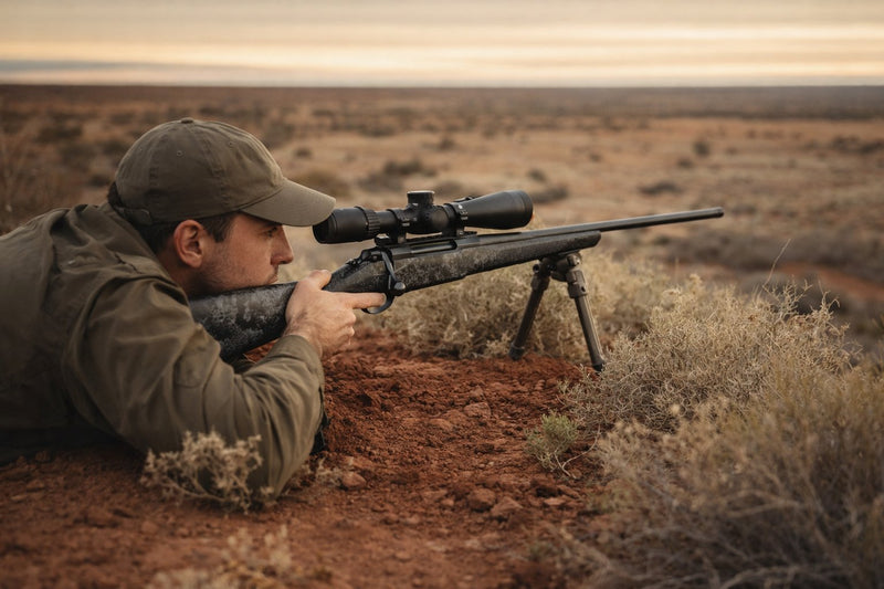 Shooter in prone position on a red-earth outback ridge with a scoped Tikka T3x on a bipod