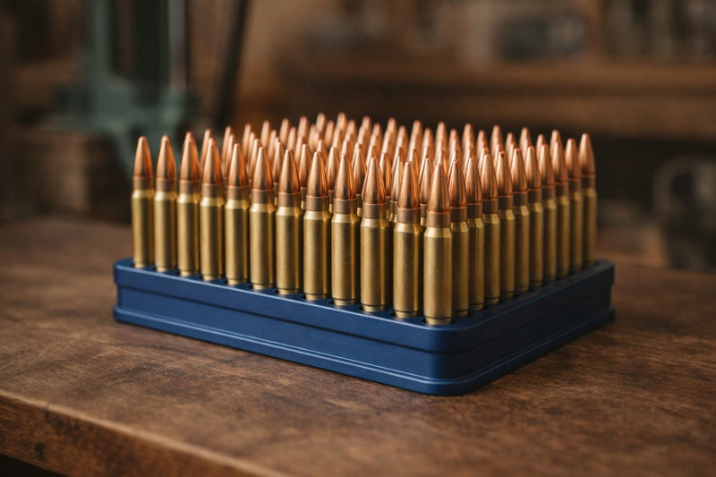 Reloading bench with a single-stage press and hand-loaded brass cartridges standing on a reloading block
