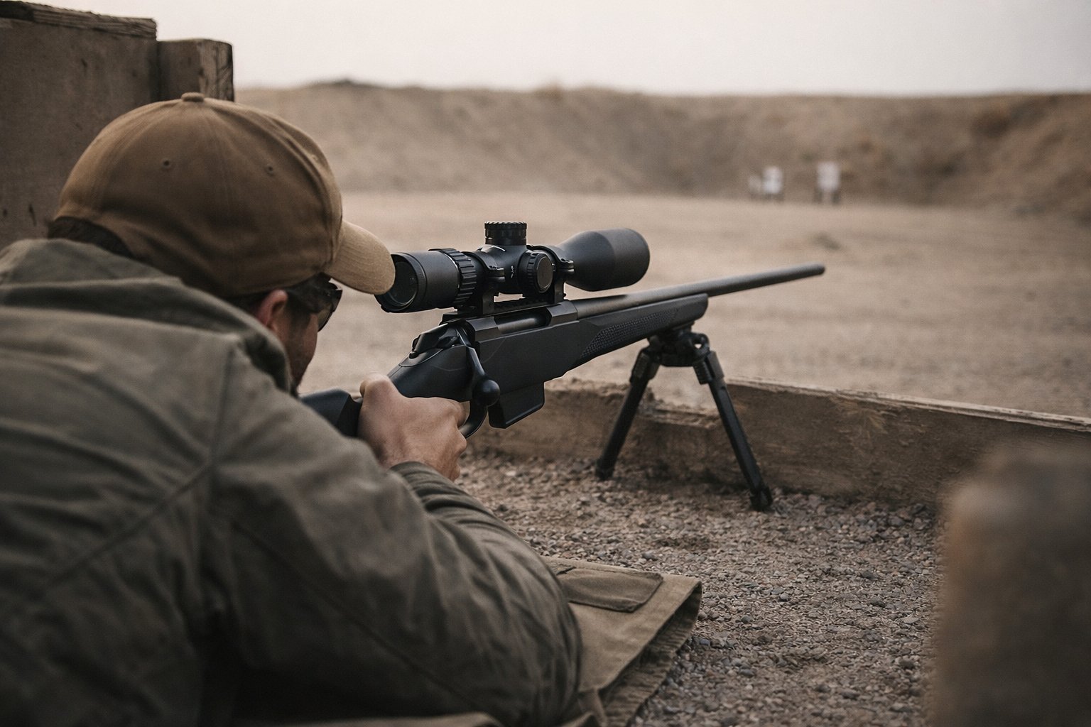 Precision rifle competition range, shooter prone behind a tactical barricade with a scoped Tikka T3x bolt-action rifle
