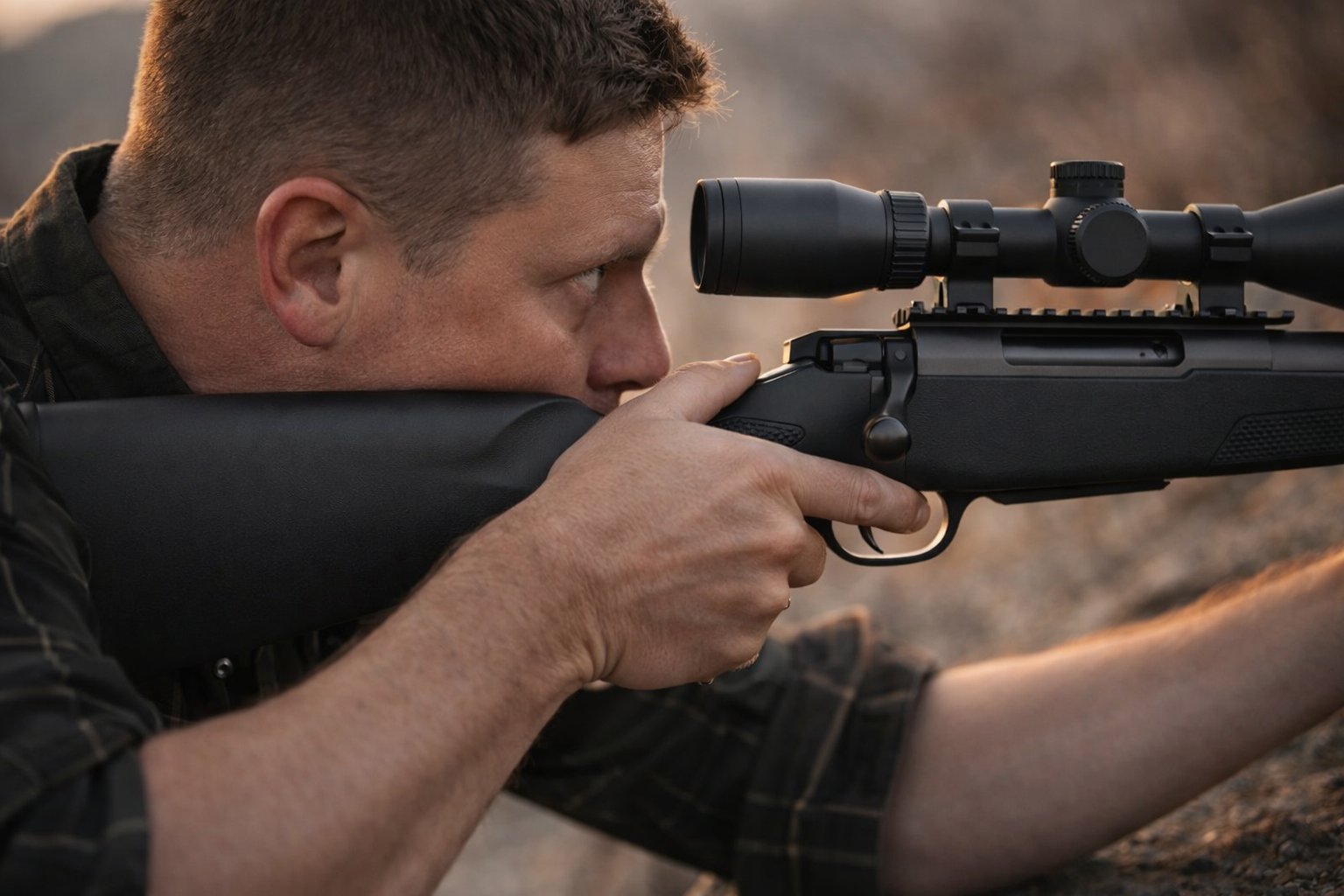 Shooter's cheek weld behind a scoped Tikka rifle