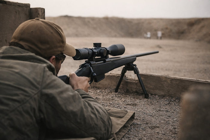 Competition shooter on a Tikka rifle at the range