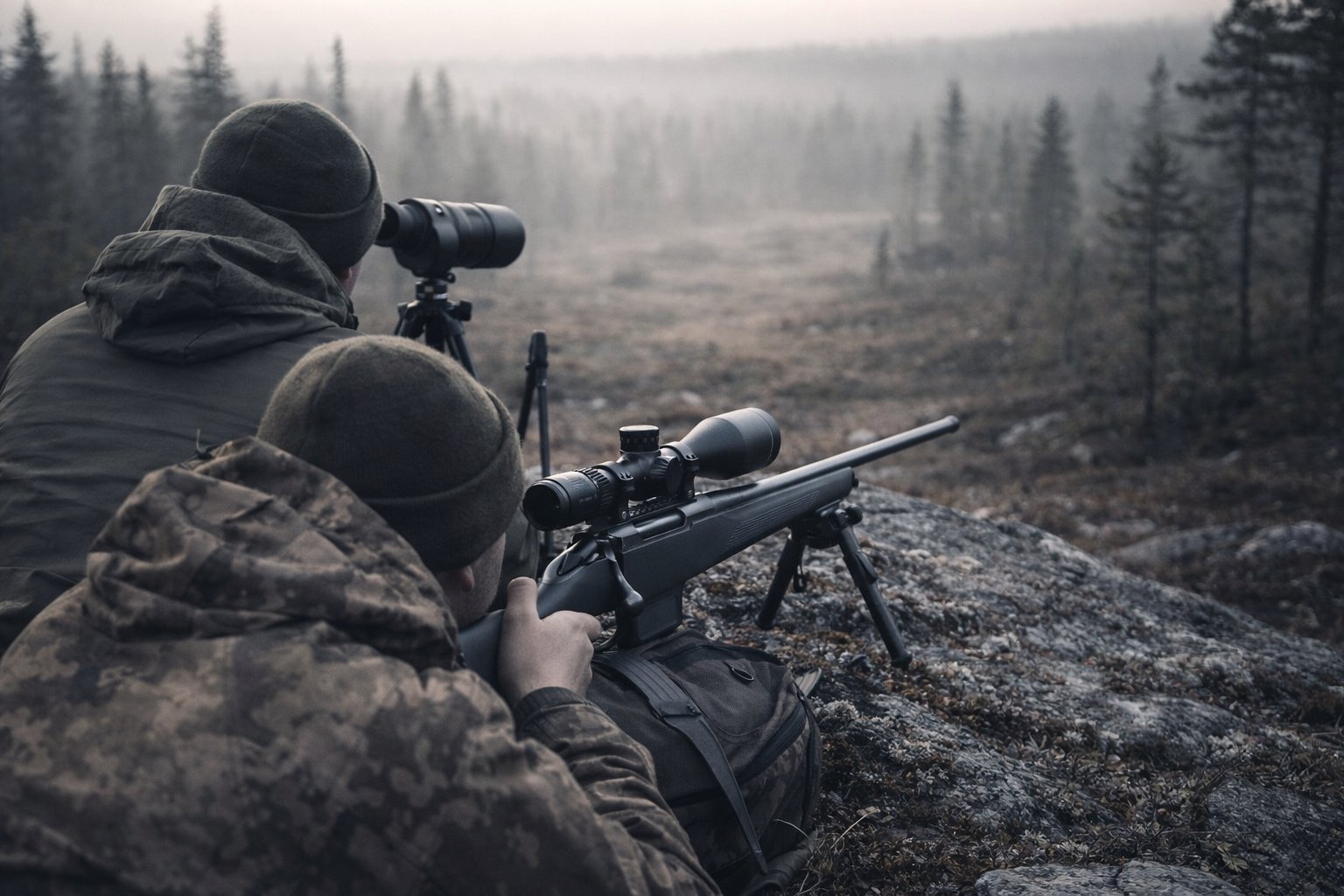 Long-range shooter prone behind a scoped Tikka in mist