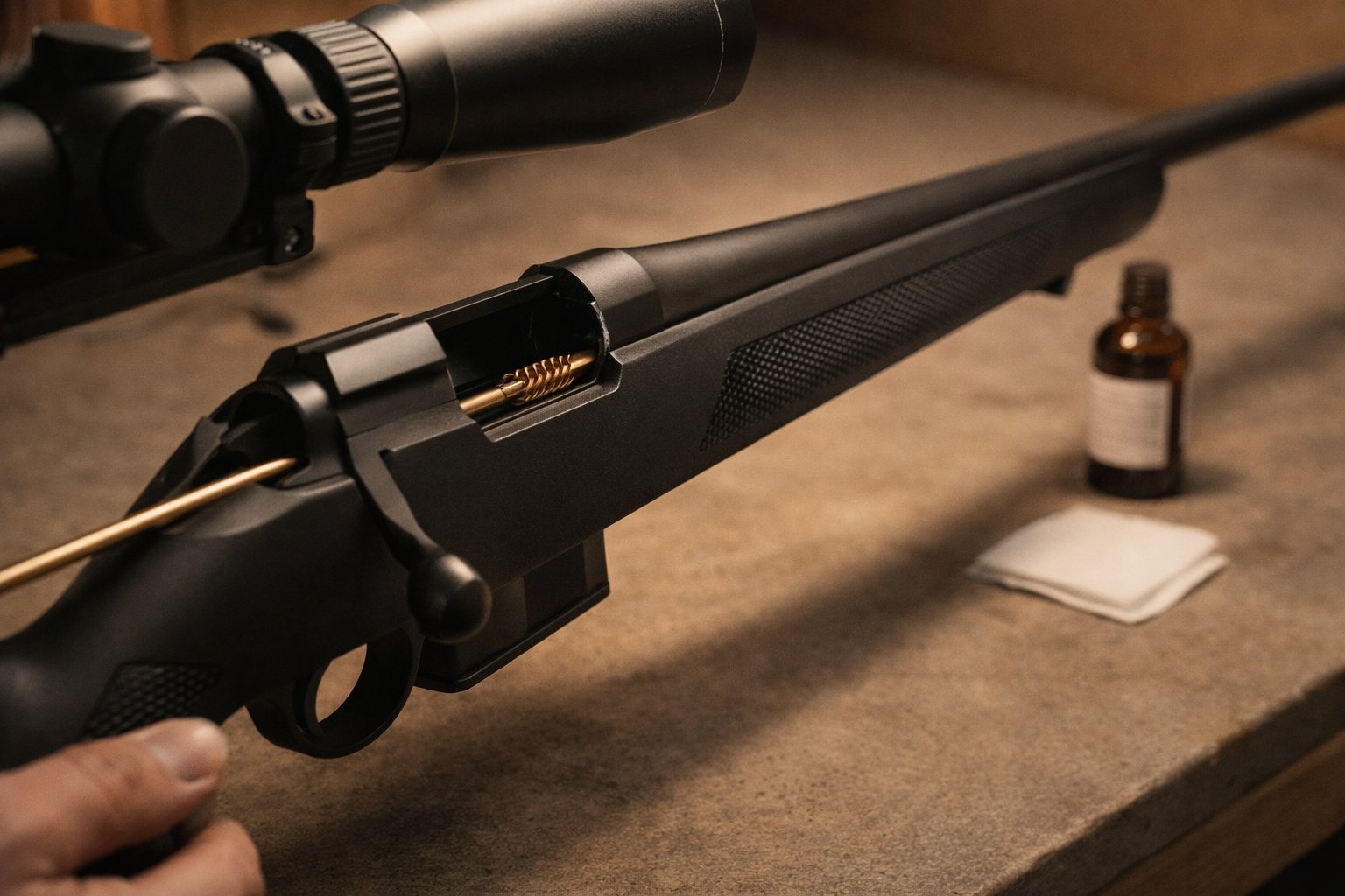 Cleaning a Tikka bolt-action rifle with a rod and maintenance kit