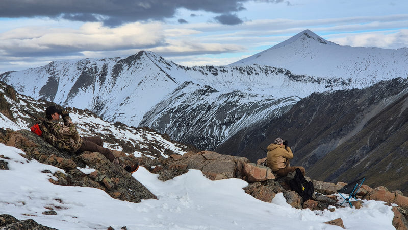 Two hunters glassing for tahr from a snowy ridge, New Zealand tops — Nokka Tactical on the Australian Hunting and Beyond Podcast