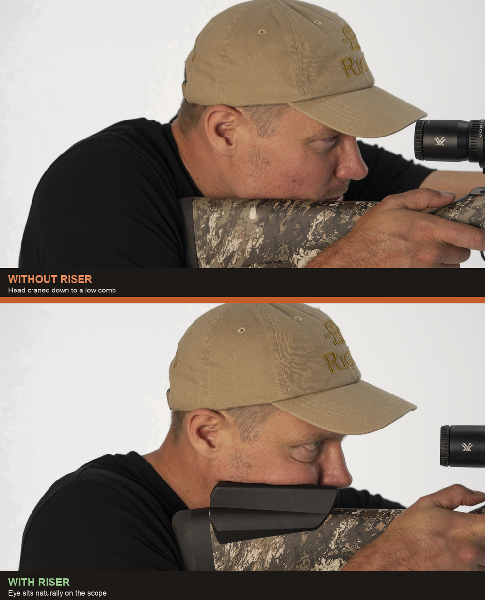 Cheek weld comparison on a Tikka T3x: top, without a cheek riser the shooter's head is craned down to the low comb; bottom, with the Nokka drop-comb cheek riser the eye sits naturally aligned with the scope.
